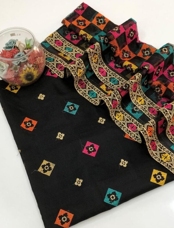 Black Multi-Color Khaddi Net Embroidered 2-Pc Dress