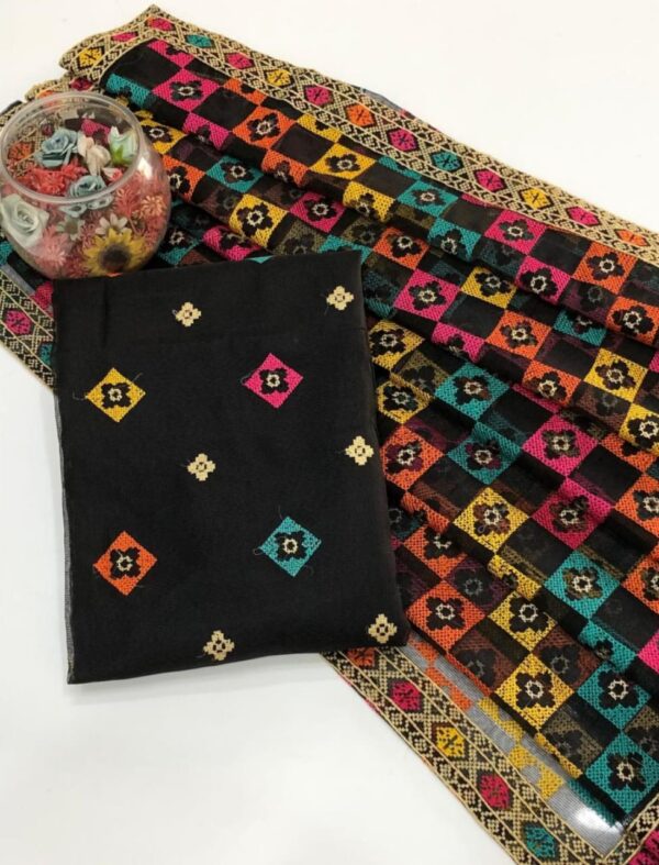 Black Multi-Color Khaddi Net Embroidered 2-Pc Dress - Image 2