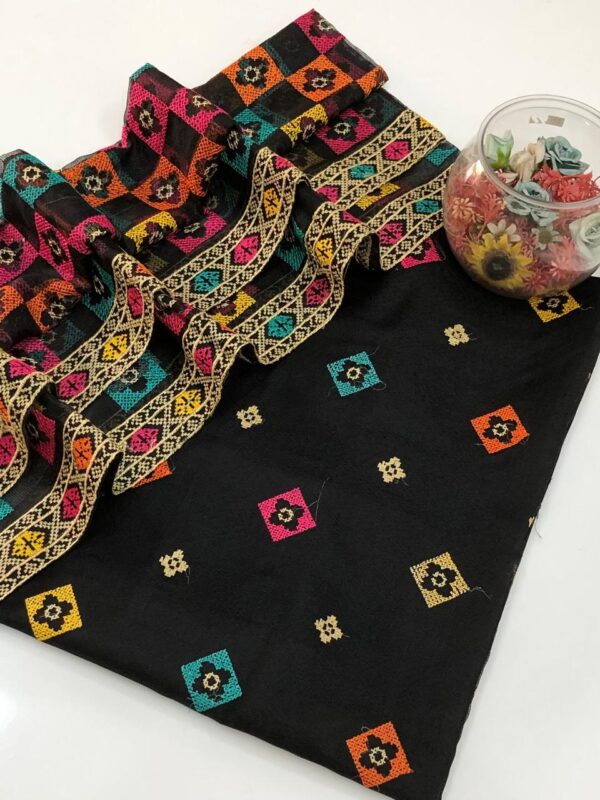 Black Multi-Color Khaddi Net Embroidered 2-Pc Dress - Image 3