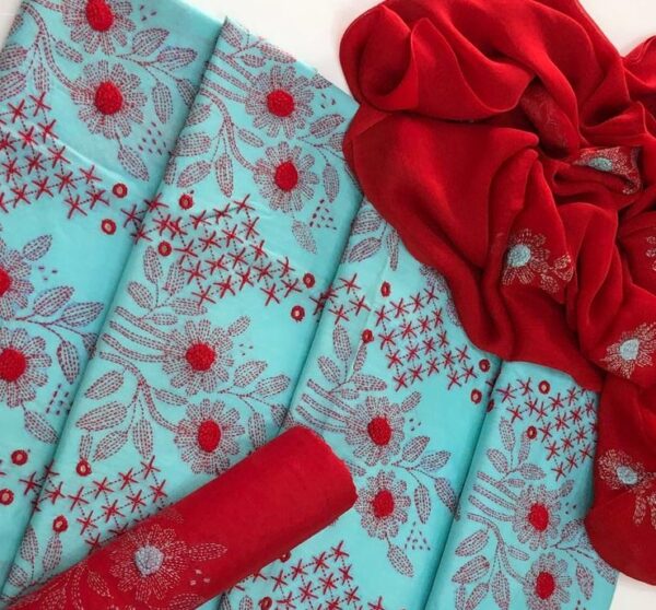 Blue & Red Mirror Embroidered Lawn 3-Piece Dress