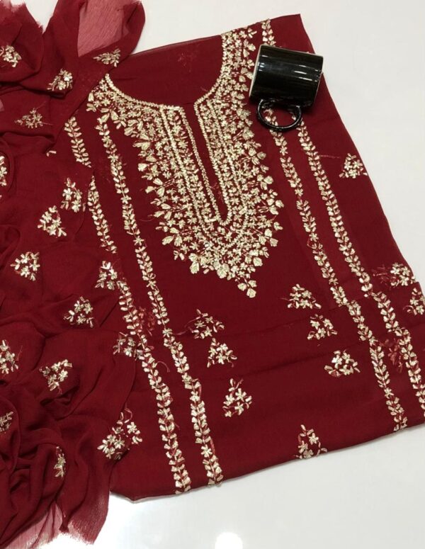 Dark Red Crinkle Chiffon Ghota Embroidery Shirt & Dupatta Set