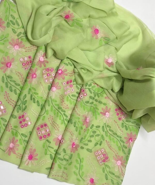Light Green Bamber Chiffon Kacha Boor Jaal with Mirror Work Embroidery Dress Set - Image 2
