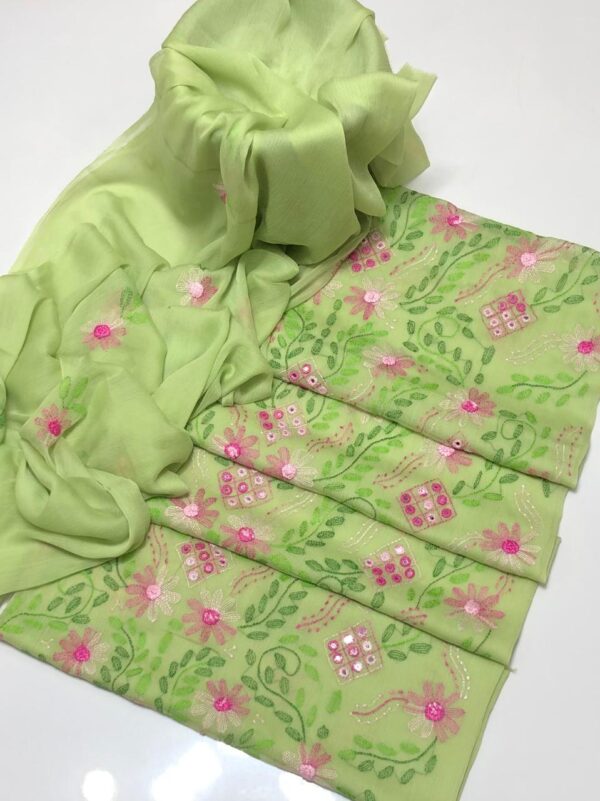 Light Green Bamber Chiffon Kacha Boor Jaal with Mirror Work Embroidery Dress Set