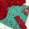Light Green & Red Mirror Work Embroidered Lawn 3-Pc Dress