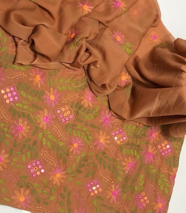 Light Brown Bamber Chiffon Mirror Work Embroidered Dress - Image 2