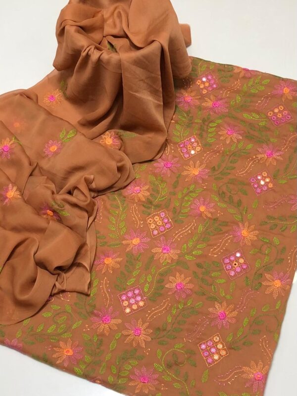 Light Brown Bamber Chiffon Mirror Work Embroidered Dress