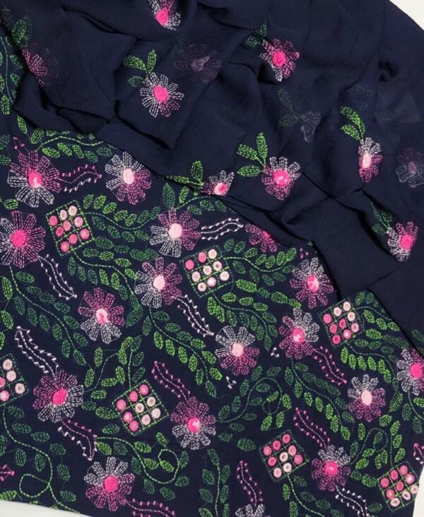 Navy Blue Bamber Chiffon Mirror Work Embroidered 2-Piece Dress - Image 2