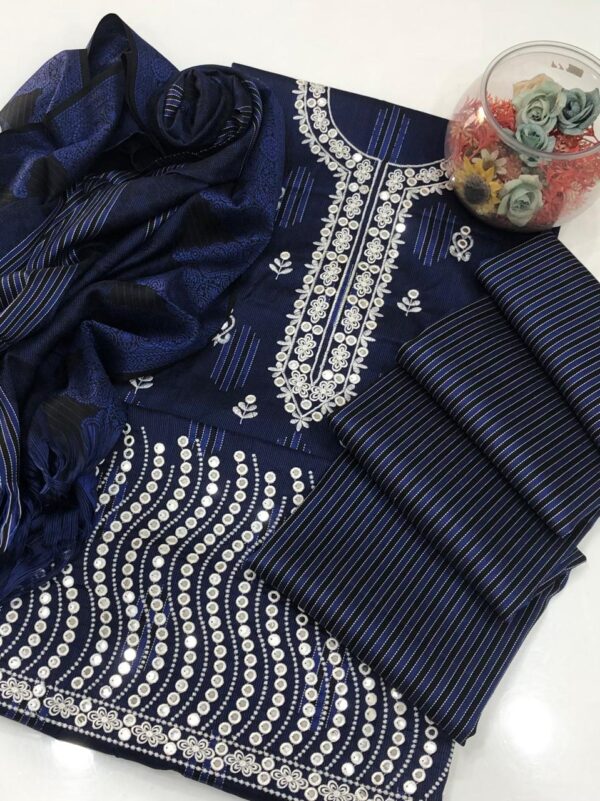 Navy-Blue 3 PC Embroidered Dress