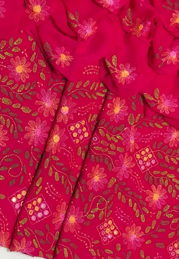 Red Bamber Chiffon Mirror Work Dress with Embroidered Dupatta - Image 2