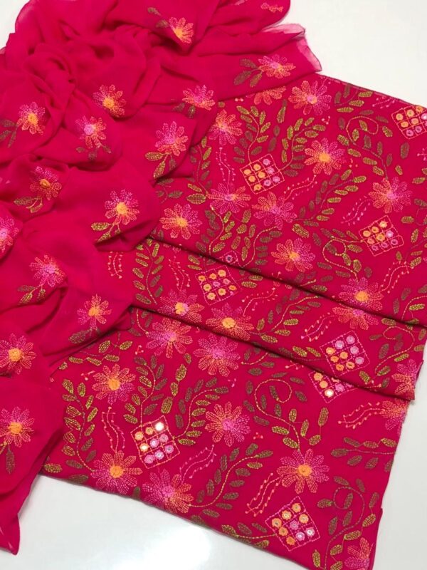 Red Bamber Chiffon Mirror Work Dress with Embroidered Dupatta
