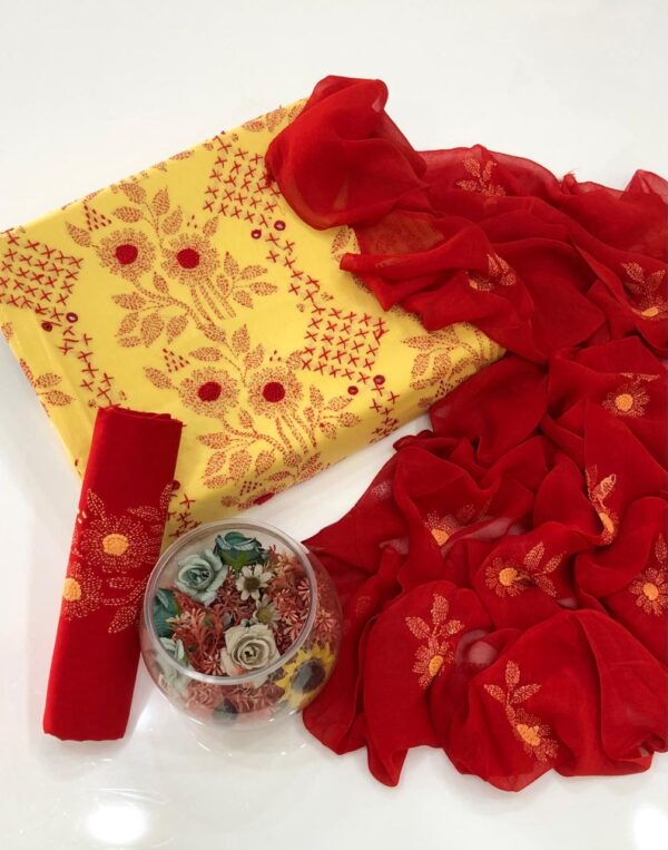 Red-Yellow Mirror Work Embroidered 3 Pc Lawn Dress