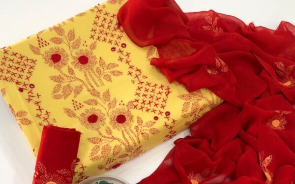 Red-Yellow Mirror Work Embroidered 3 Pc Lawn Dress - Image 2