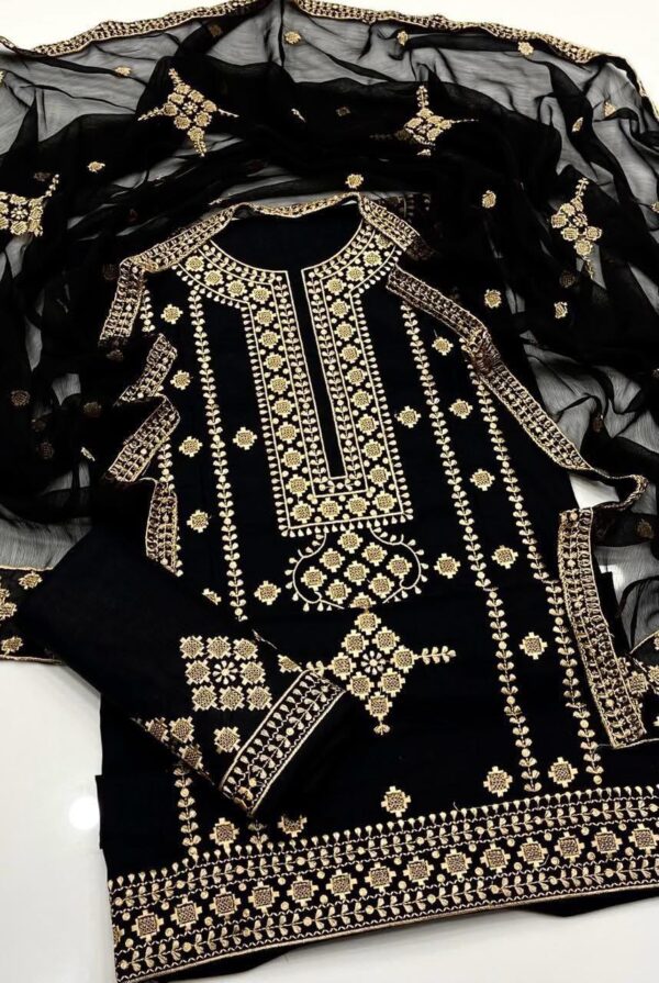 Black Cotton Lawn Patang Booti Embroidered 2 PC Dress with Chiffon Dupatta - Image 3