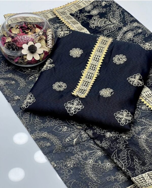 Black Khaddi Net Computer Cross Stitch Jaal Embroidery 2-Pc Dress - Image 3