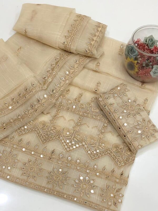 Yellow Khaddi Net Computer Embroidery 2-Piece Dress with Sleeves