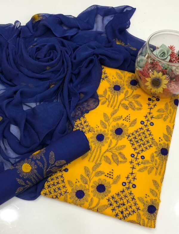 Yellow-Blue Mirror Embroidered Lawn Dress Set