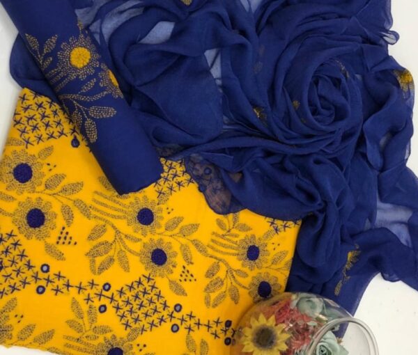 Yellow-Blue Mirror Embroidered Lawn Dress Set - Image 2