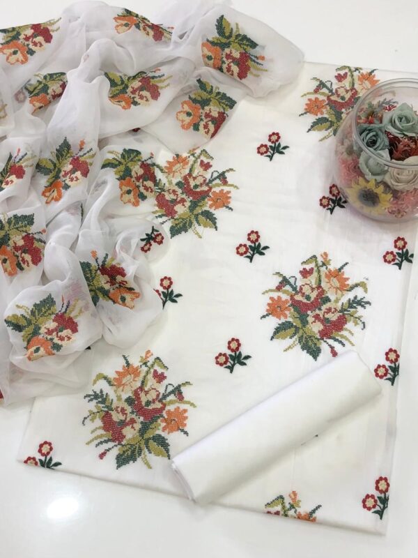 GTM Lawn Cross Stitch Jaal Embroidery Shirt & Trouser with Chiffon Dupatta – 3-Piece Set - Image 7
